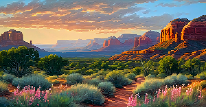 A scenic landscape of Sedona featuring red rock formations at sunset with colorful skies and wildflowers in the foreground.