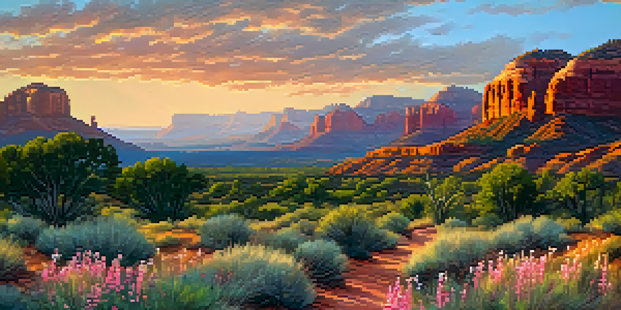 A scenic landscape of Sedona featuring red rock formations at sunset with colorful skies and wildflowers in the foreground.