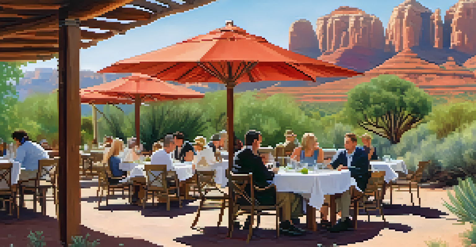 An outdoor dining scene at an eco-friendly restaurant in Sedona with patrons enjoying locally sourced meals amidst lush greenery and desert plants.