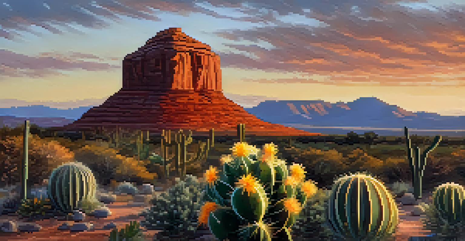 A close-up view of Bell Rock at sunset, with warm colors and foreground cacti.