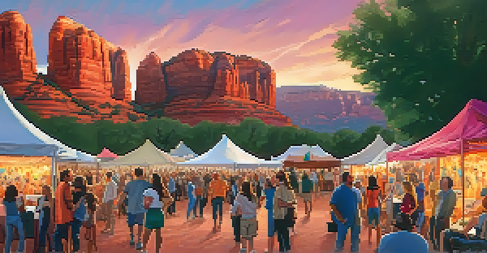 A crowd of diverse film enthusiasts at the Sedona International Film Festival, with red rock formations in the background and colorful festival decorations.