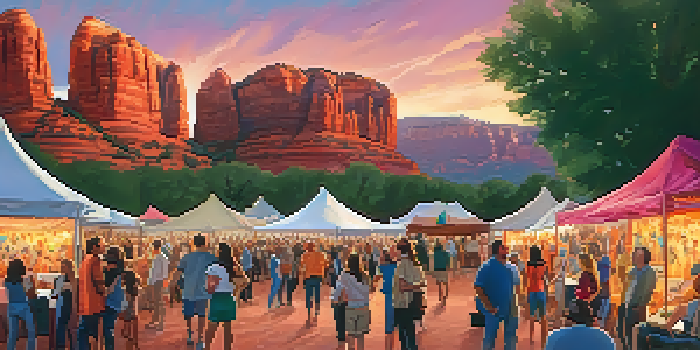 A crowd of diverse film enthusiasts at the Sedona International Film Festival, with red rock formations in the background and colorful festival decorations.
