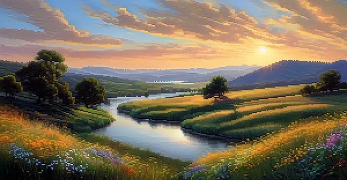 A tranquil landscape at golden hour with rolling hills, wildflowers in the foreground, and a winding river reflecting sunset colors.