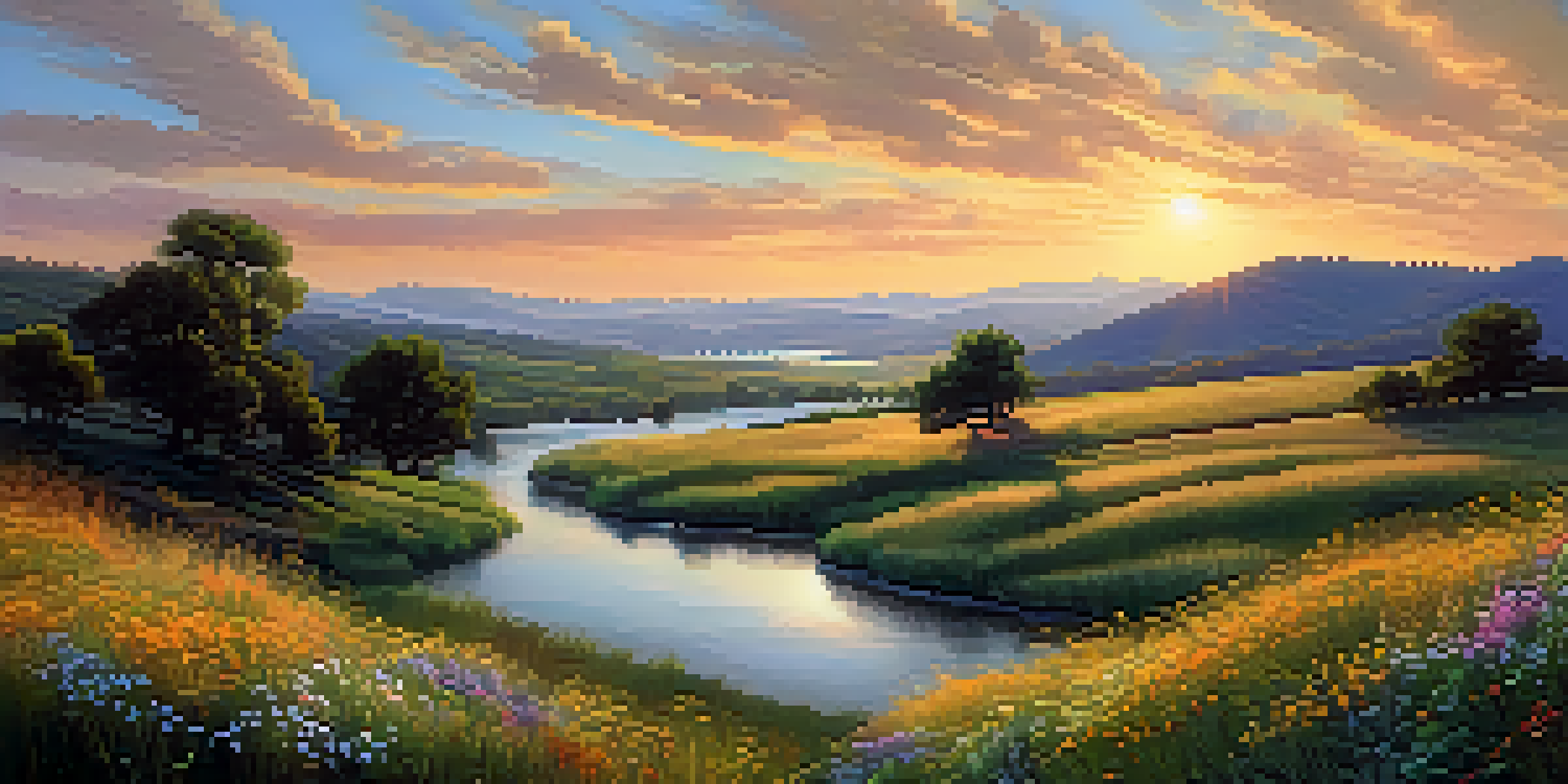 A tranquil landscape at golden hour with rolling hills, wildflowers in the foreground, and a winding river reflecting sunset colors.