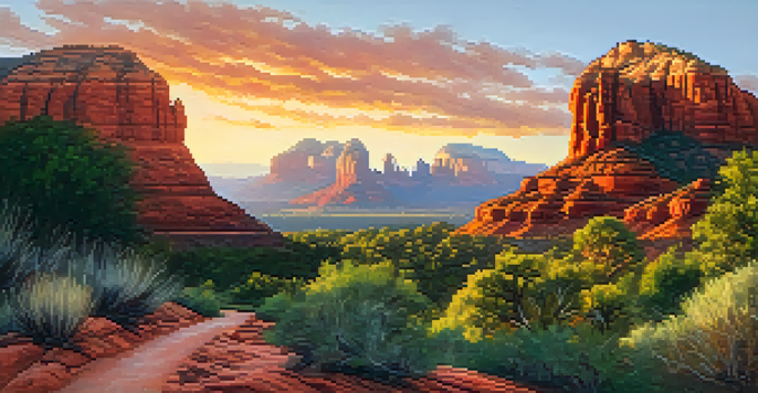 A stunning sunset view of Sedona's red rock formations with vibrant colors and a winding path in the foreground.