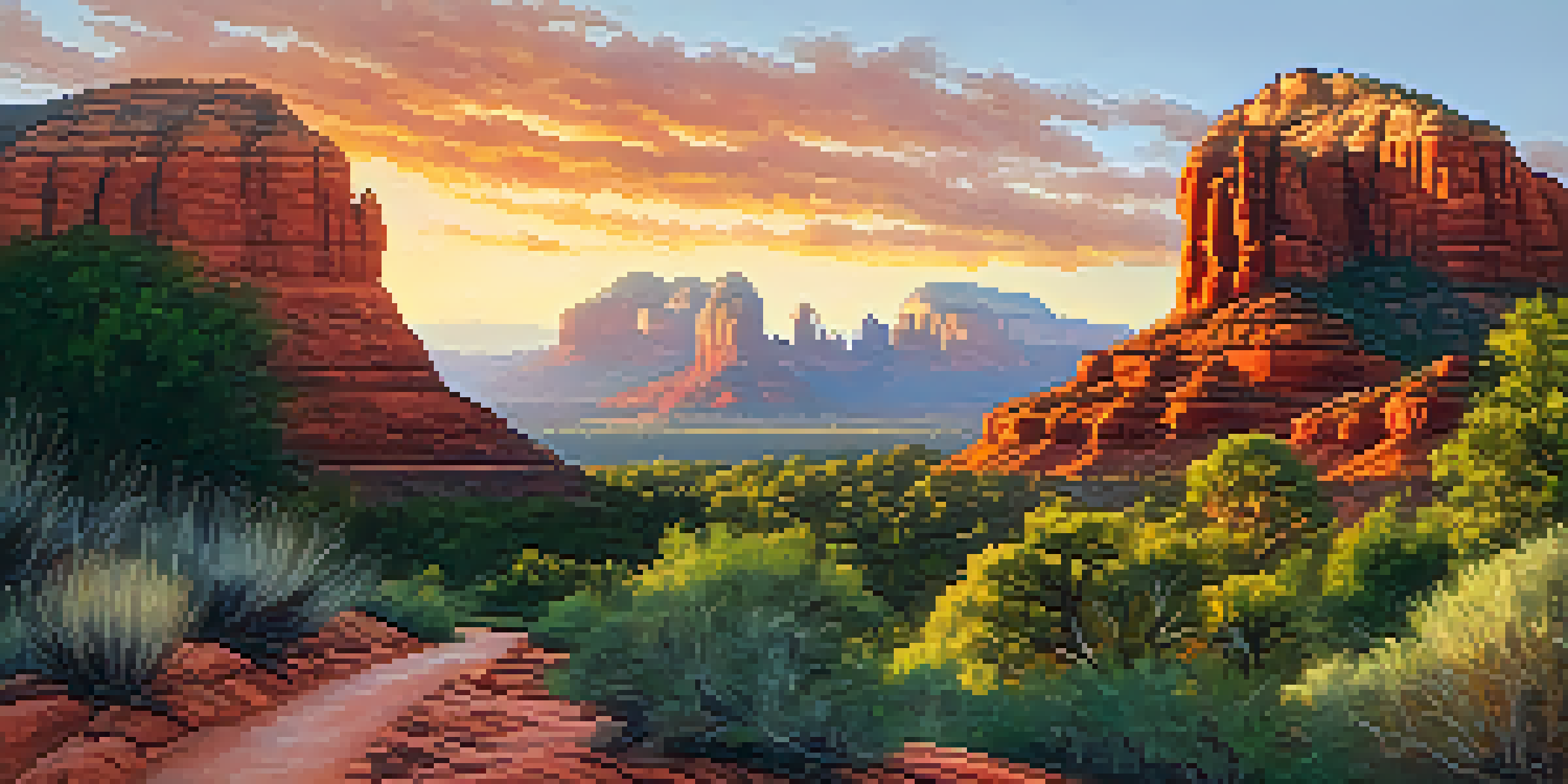 A stunning sunset view of Sedona's red rock formations with vibrant colors and a winding path in the foreground.