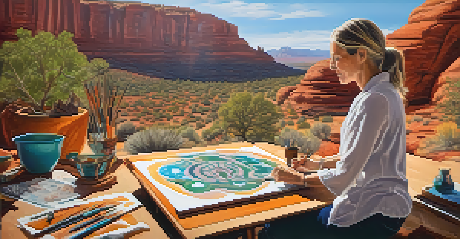 Artist in a bright studio, creating a canvas inspired by Sedona's petroglyphs, surrounded by sketches and vibrant colors that blend traditional and modern styles.