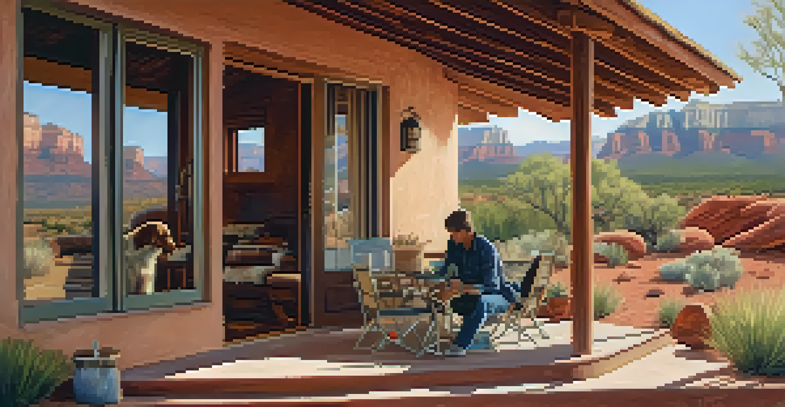 A cozy vacation rental cabin in Sedona with a dog playing outside and an owner enjoying coffee on the patio, surrounded by red rocks.