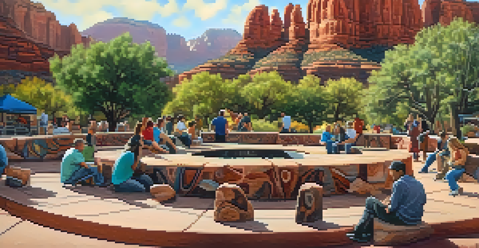 A lively public plaza in Sedona adorned with Native American art and surrounded by people enjoying the cultural atmosphere.