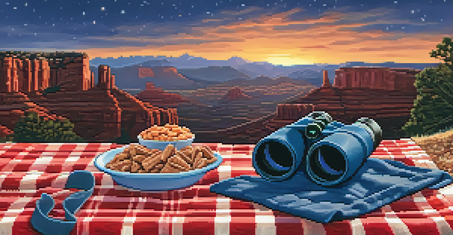 A close-up of binoculars on a picnic blanket with snacks, set against the backdrop of Sedona's red rocks at twilight.