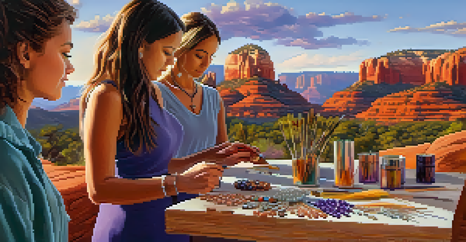 Outdoor jewelry-making class in Sedona at sunset, with participants crafting pieces against a stunning natural backdrop.