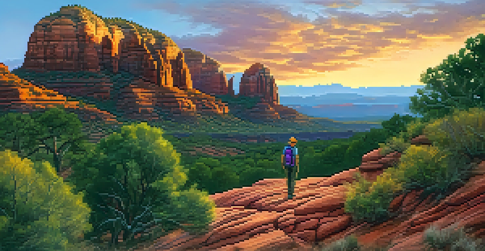 A hiker stands in front of Sedona's red rock formations at sunset, with colorful skies and greenery around them.