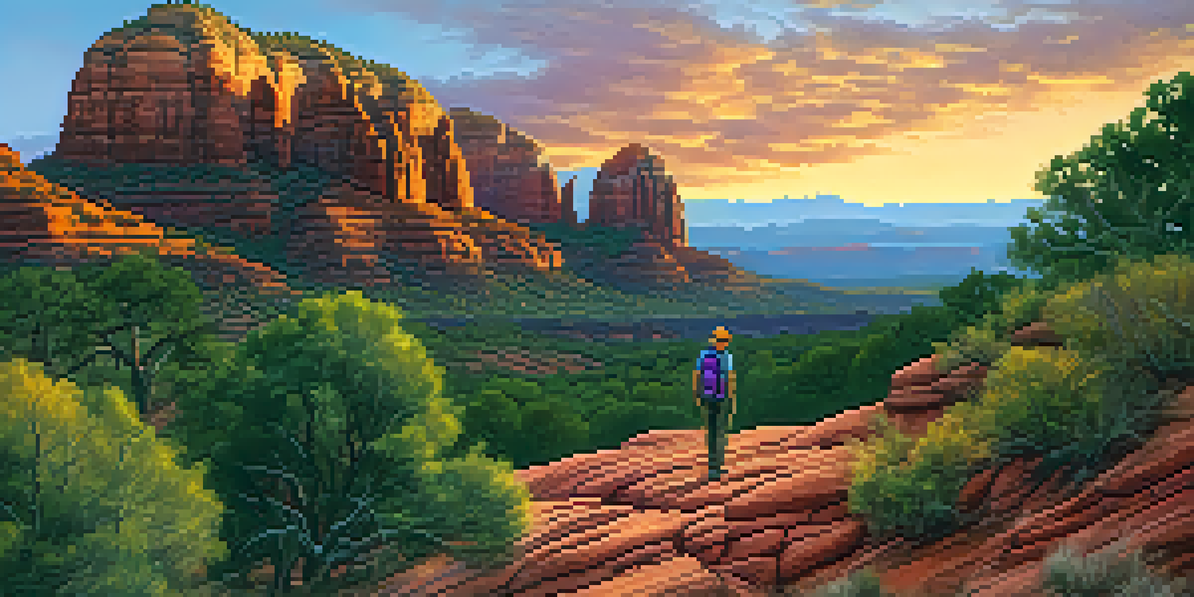 A hiker stands in front of Sedona's red rock formations at sunset, with colorful skies and greenery around them.