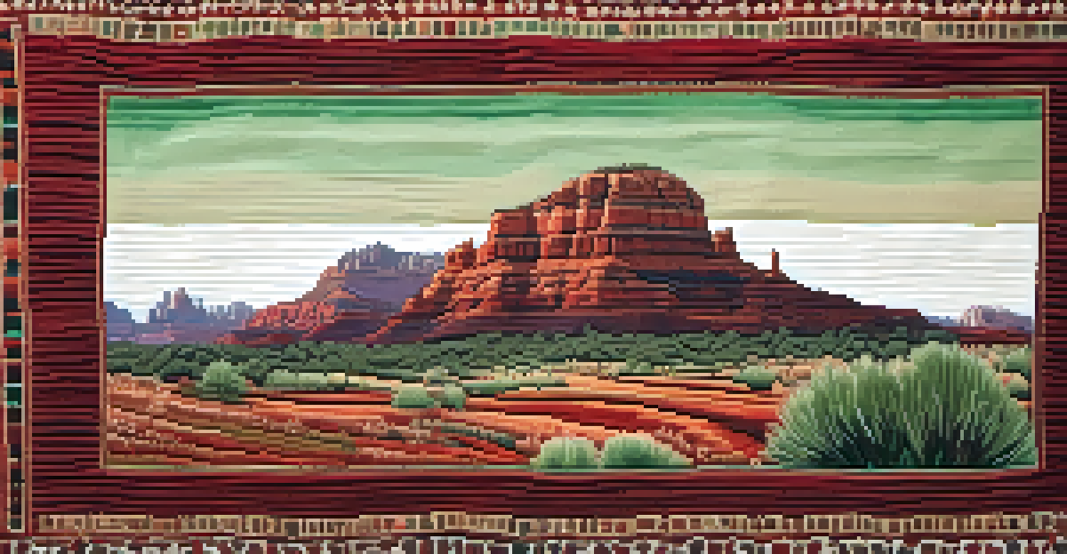 Detailed close-up of a handmade textile with vibrant colors and intricate embroidery inspired by Sedona's landscape.