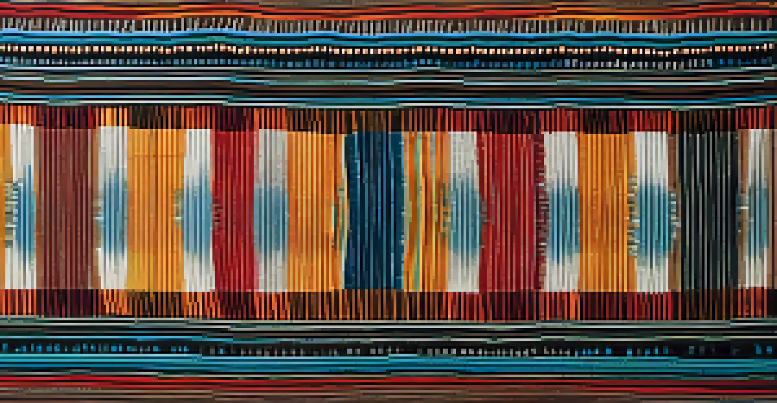 A detailed close-up of a vibrant Native American textile, showcasing intricate patterns and textures in soft natural light.