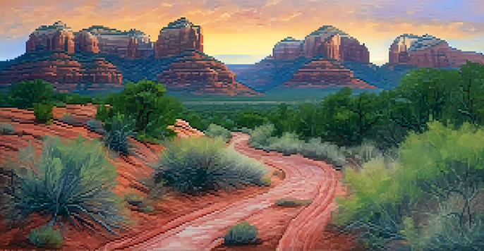 A scenic view of Sedona's red rock formations at sunset with colorful skies and lush greenery in the foreground.