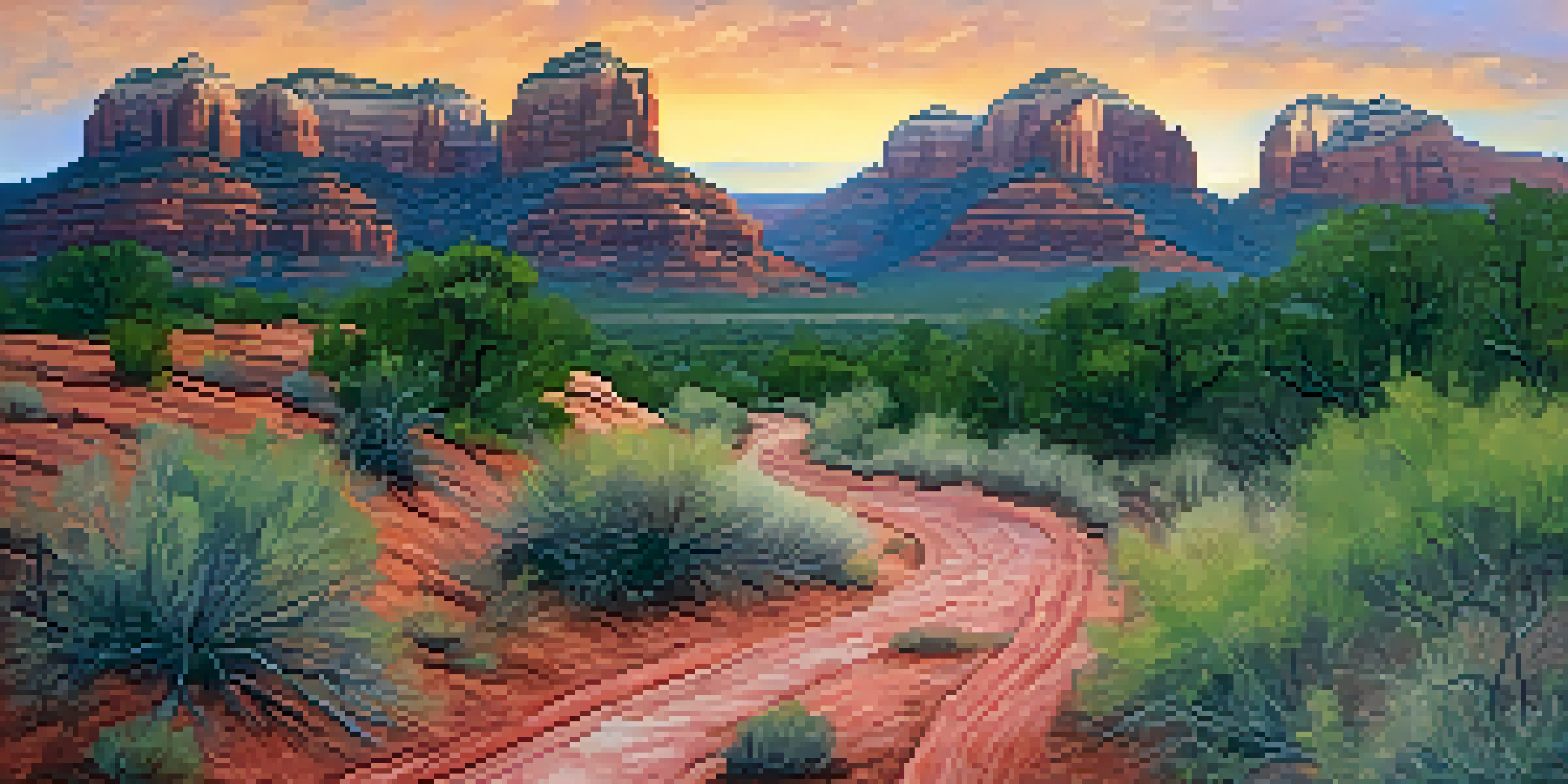 A scenic view of Sedona's red rock formations at sunset with colorful skies and lush greenery in the foreground.