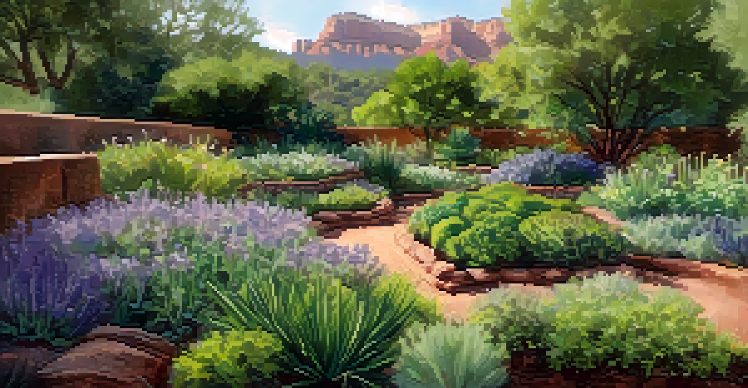 The aromatic herb garden in Sedona's botanical gardens with various herbs arranged in beds and soft morning light casting shadows.