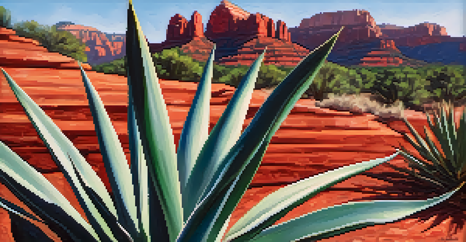 A close-up of an agave plant with sharp leaves and textured surfaces, set against the blurred backdrop of Sedona's red rock formations.