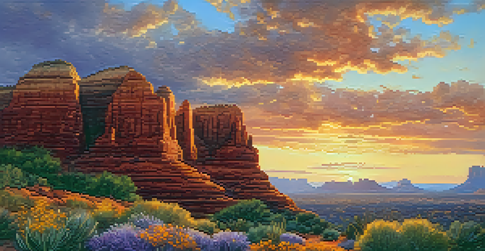 A person meditating on a rock at Airport Mesa in Sedona, surrounded by wildflowers and stunning red rock formations at sunset.