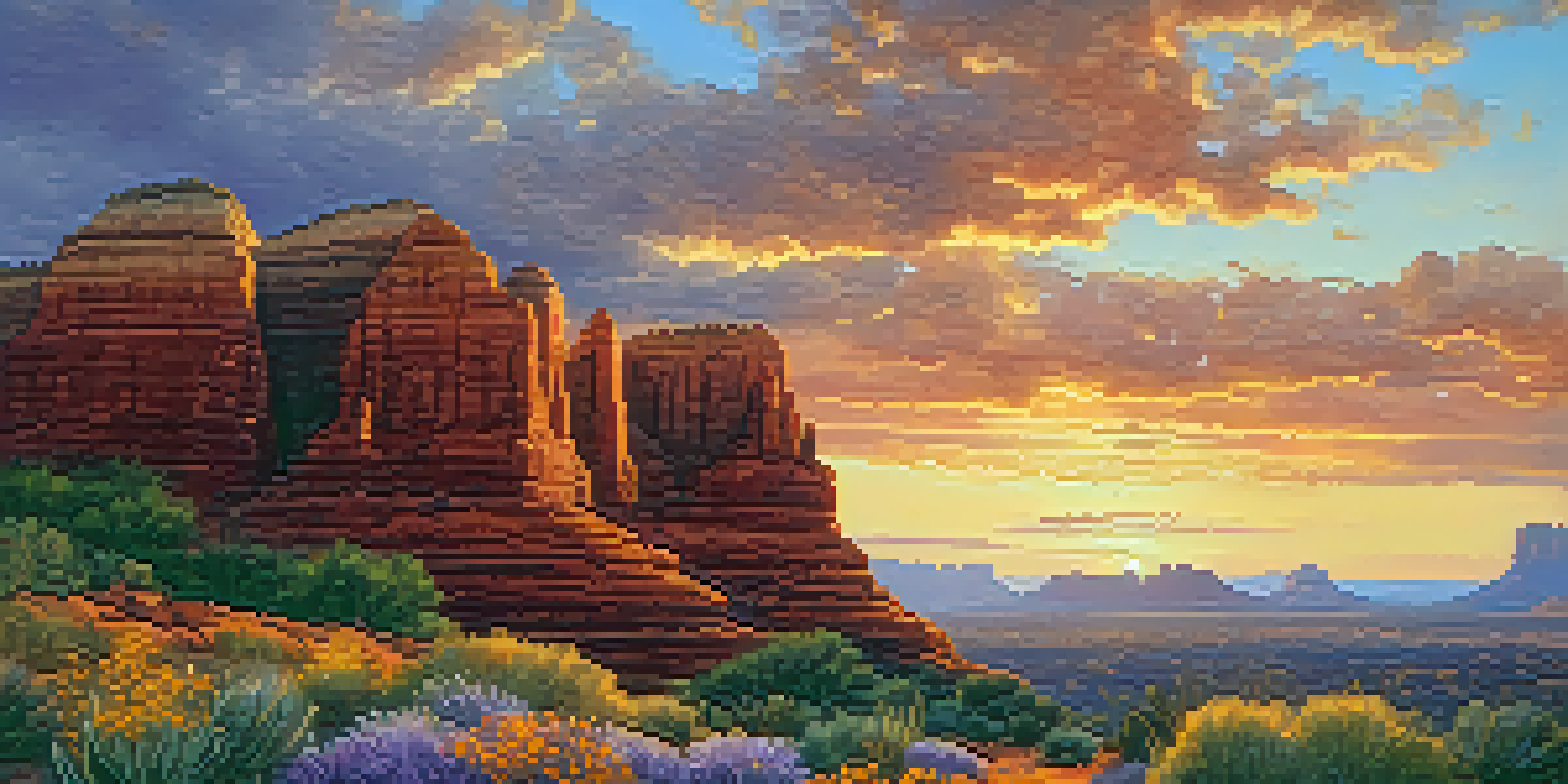 A person meditating on a rock at Airport Mesa in Sedona, surrounded by wildflowers and stunning red rock formations at sunset.