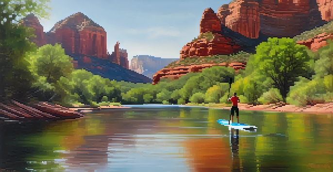 A person paddleboarding on a calm creek, surrounded by tall red rocks and green trees, with sunlight filtering through the foliage.