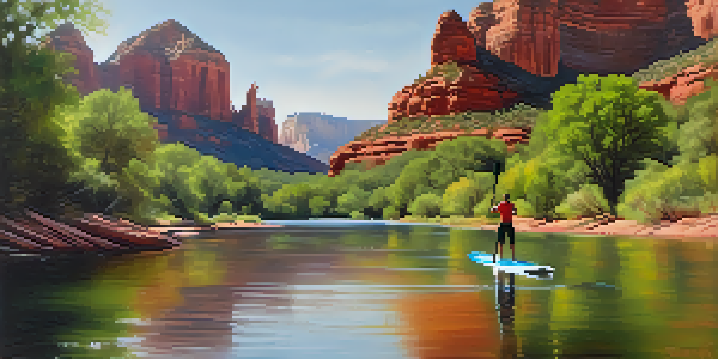 A person paddleboarding on a calm creek, surrounded by tall red rocks and green trees, with sunlight filtering through the foliage.