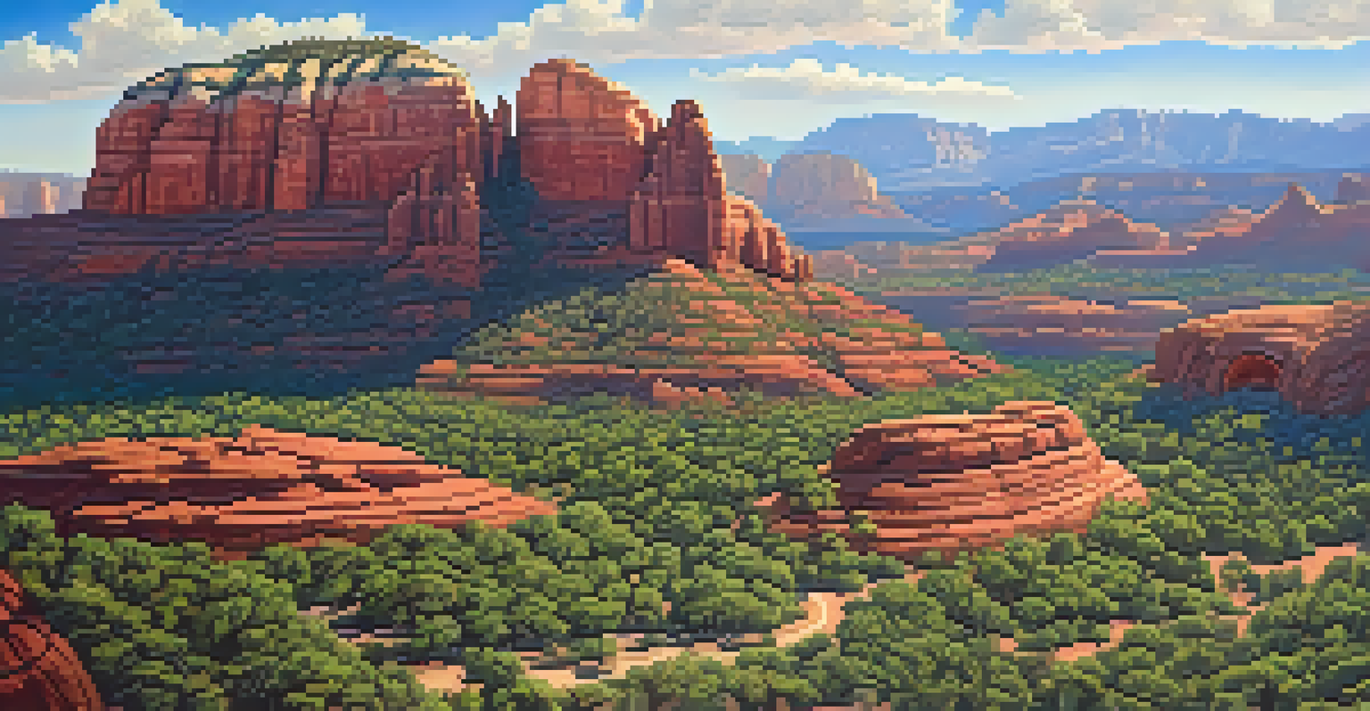 An aerial view of Sedona's red rock landscape, showing the contrast between the red rocks and the greenery under a clear blue sky.