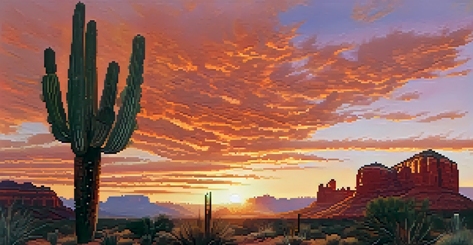 A stunning sunset over Sedona with red rock formations and a colorful sky, featuring desert plants in the foreground.