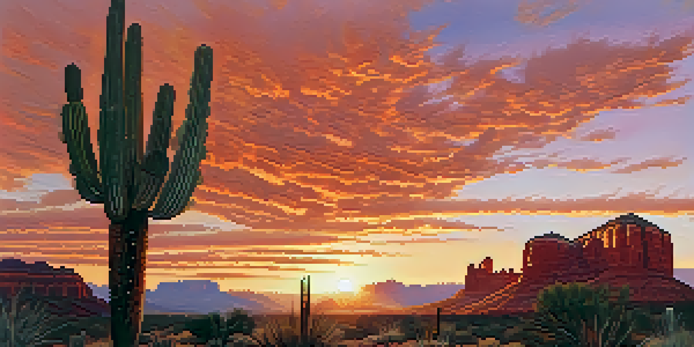 A stunning sunset over Sedona with red rock formations and a colorful sky, featuring desert plants in the foreground.