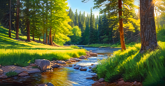 A peaceful picnic scene by Oak Creek, featuring a blanket on green grass surrounded by tall pine trees and colorful wildflowers.