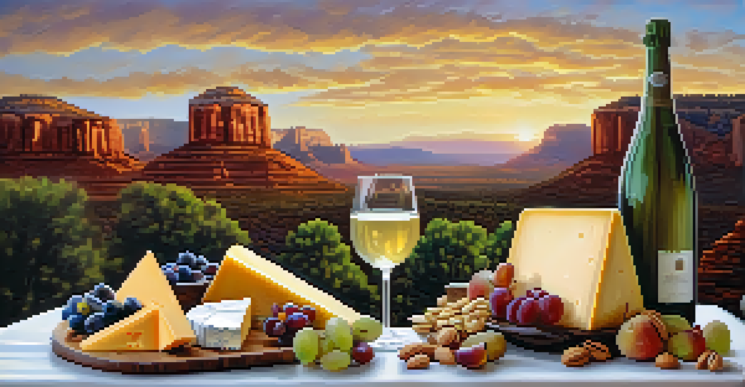 A cheese platter with artisan cheeses and fruits, paired with pilsner beer, against Sedona's sunset landscape.
