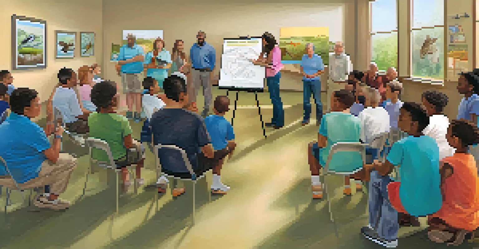 A community workshop on wildlife rehabilitation, with experts presenting to an engaged audience in a well-lit room filled with local wildlife posters.