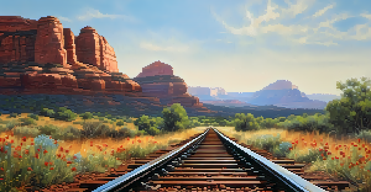 Old railroad tracks leading through Sedona's landscape, with red rock formations and wildflowers.