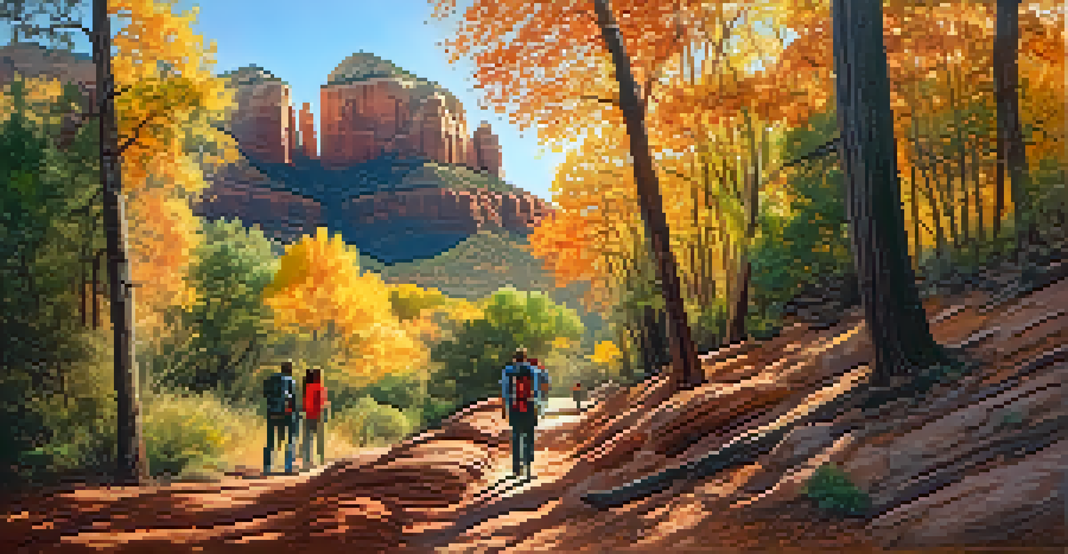 An autumn trail in Sedona with colorful foliage and hikers enjoying the scenery.