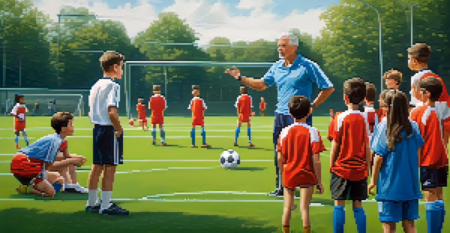 A soccer coach instructing young players on a field, showcasing engagement and respect among the team.