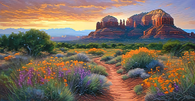 A scenic sunset view of Sedona's red rock formations with a dirt trail and wildflowers in the foreground.