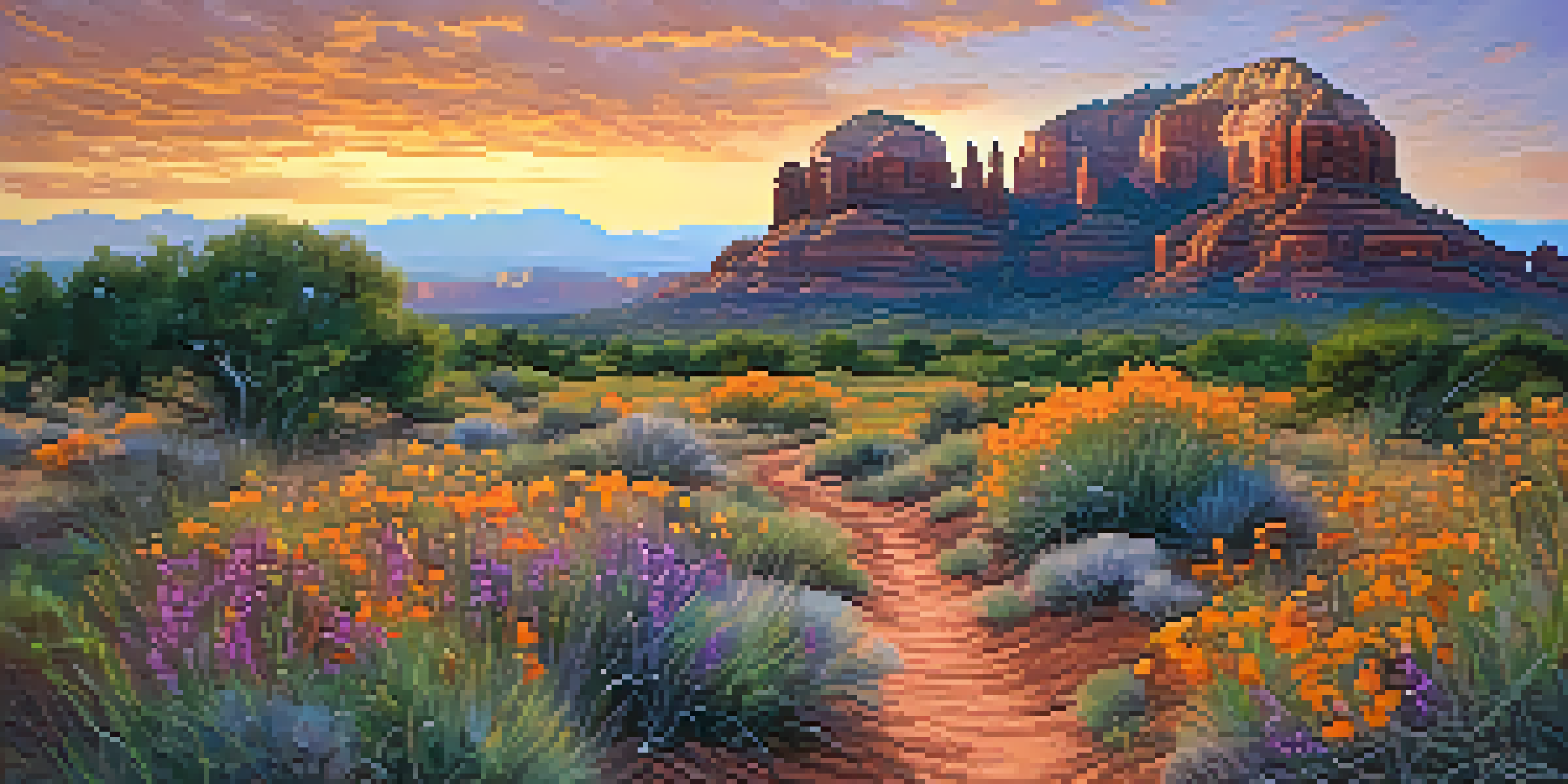 A scenic sunset view of Sedona's red rock formations with a dirt trail and wildflowers in the foreground.