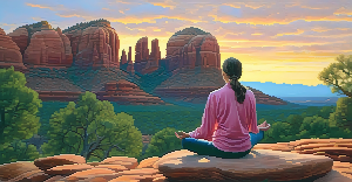 A person meditating at sunrise on red rocks in Sedona, holding a clear quartz crystal, with a vibrant sky in the background.