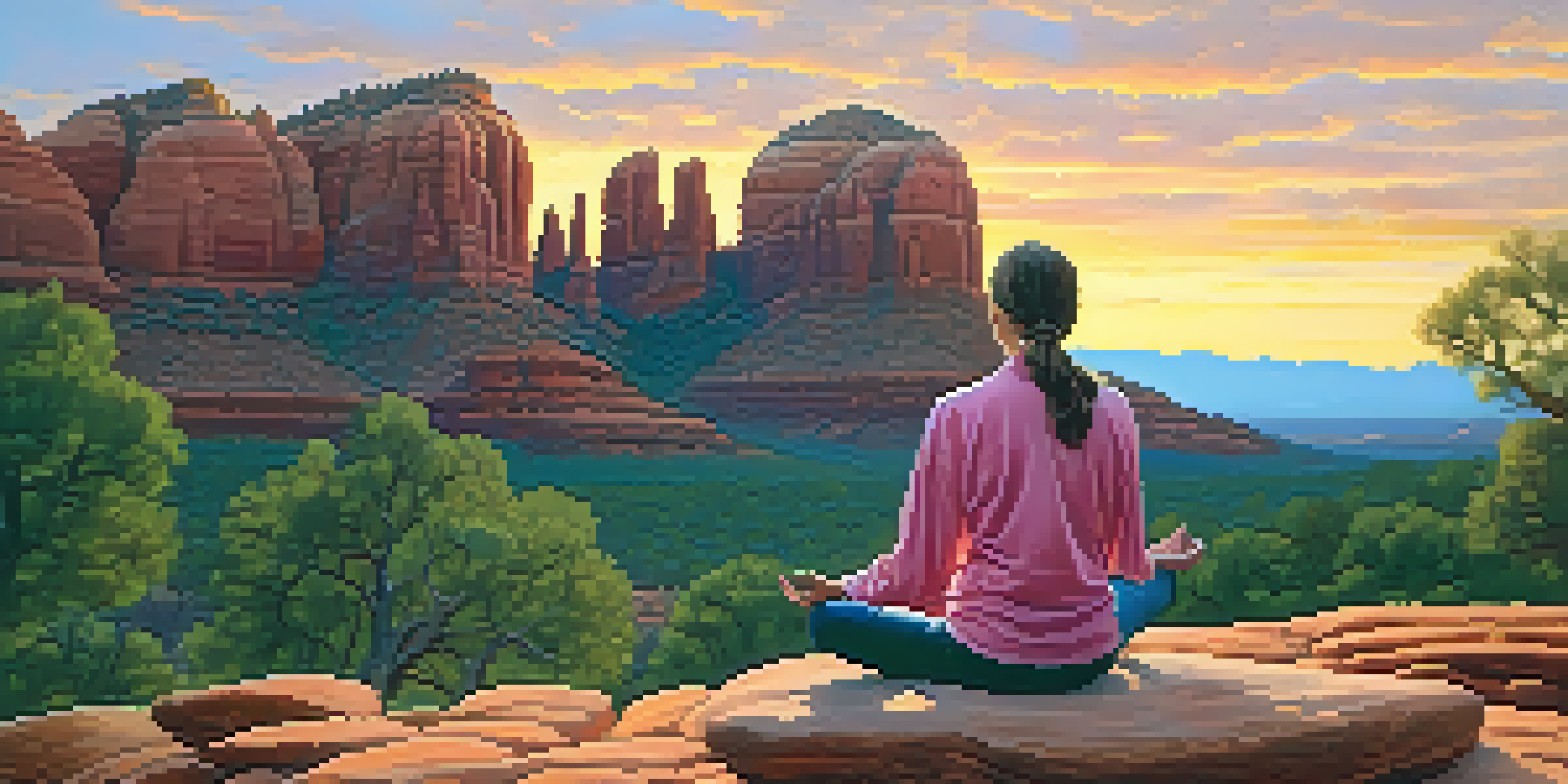 A person meditating at sunrise on red rocks in Sedona, holding a clear quartz crystal, with a vibrant sky in the background.