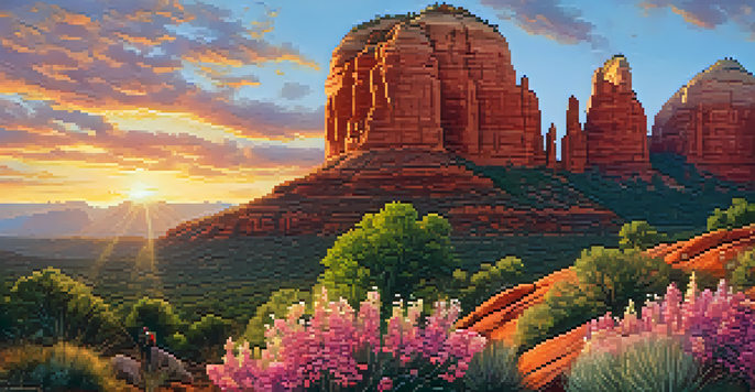 A climber scaling a red rock formation in Sedona during sunrise, with colorful flowers blooming in the foreground.