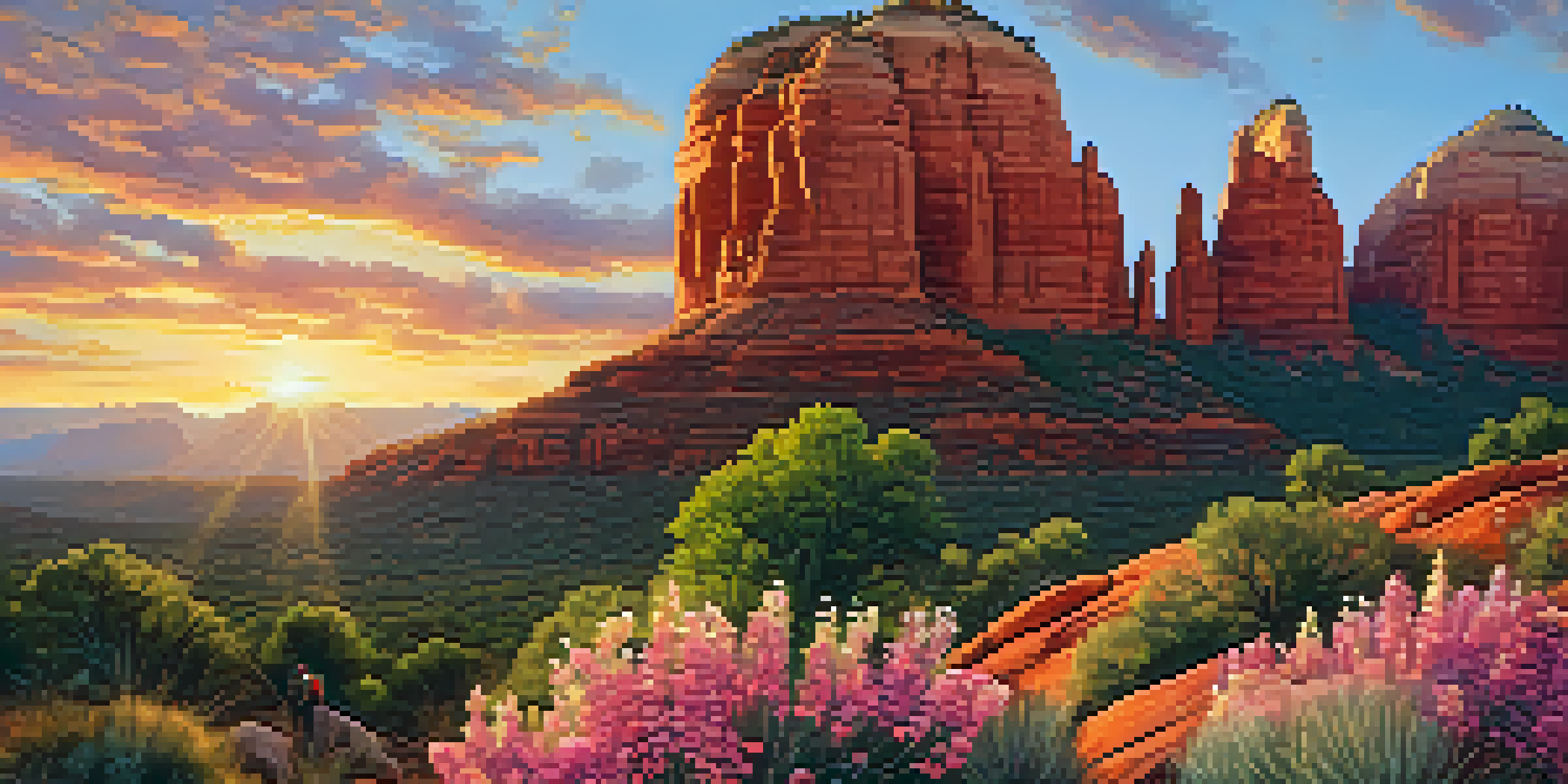 A climber scaling a red rock formation in Sedona during sunrise, with colorful flowers blooming in the foreground.