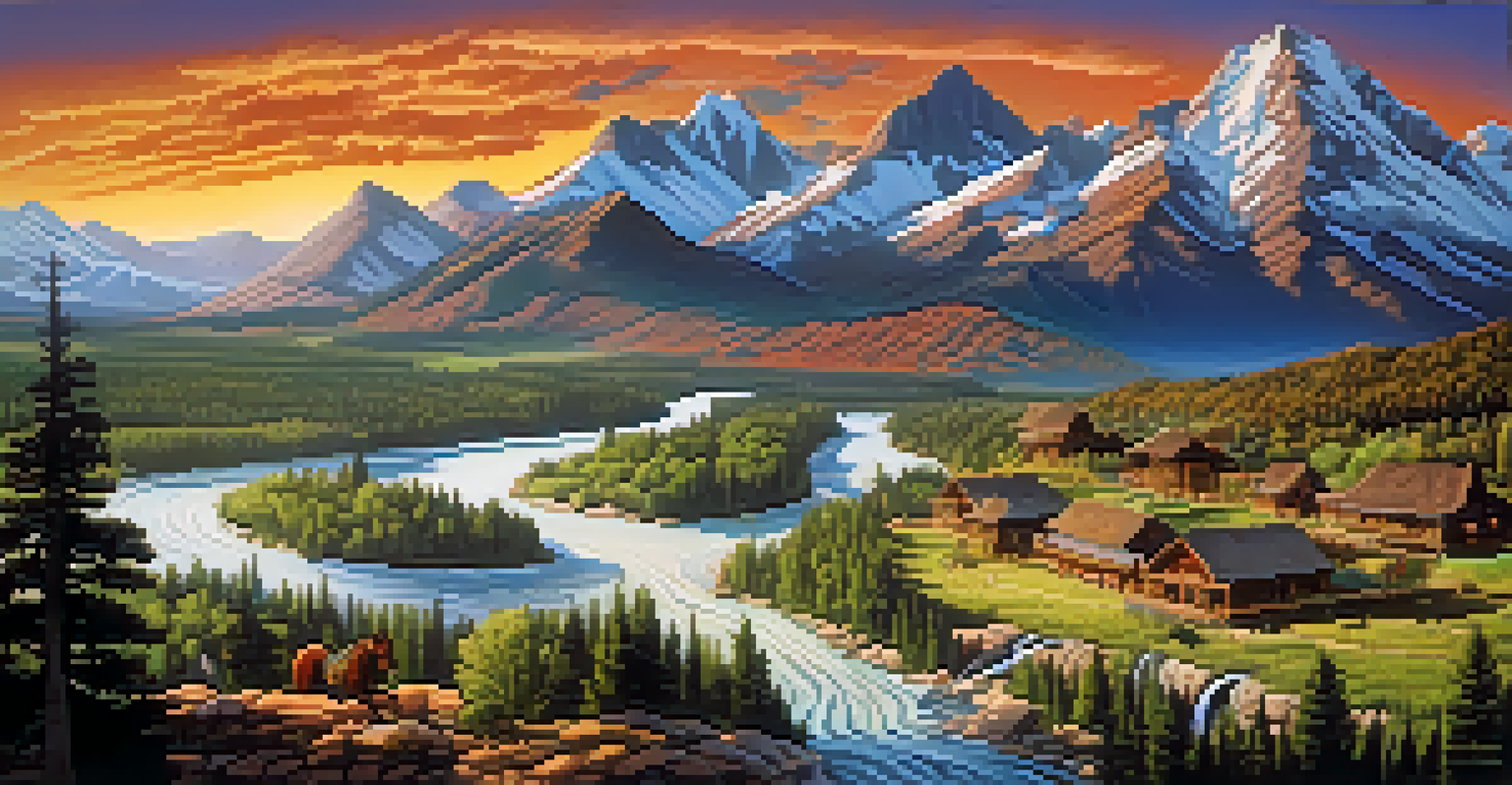 An artistic depiction of a Native American creation story with a spirit shaping the landscape, surrounded by mountains, valleys, and a river.