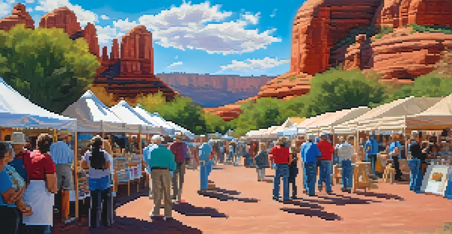 A lively Sedona art festival with colorful booths, artists, and red rock formations in the background.