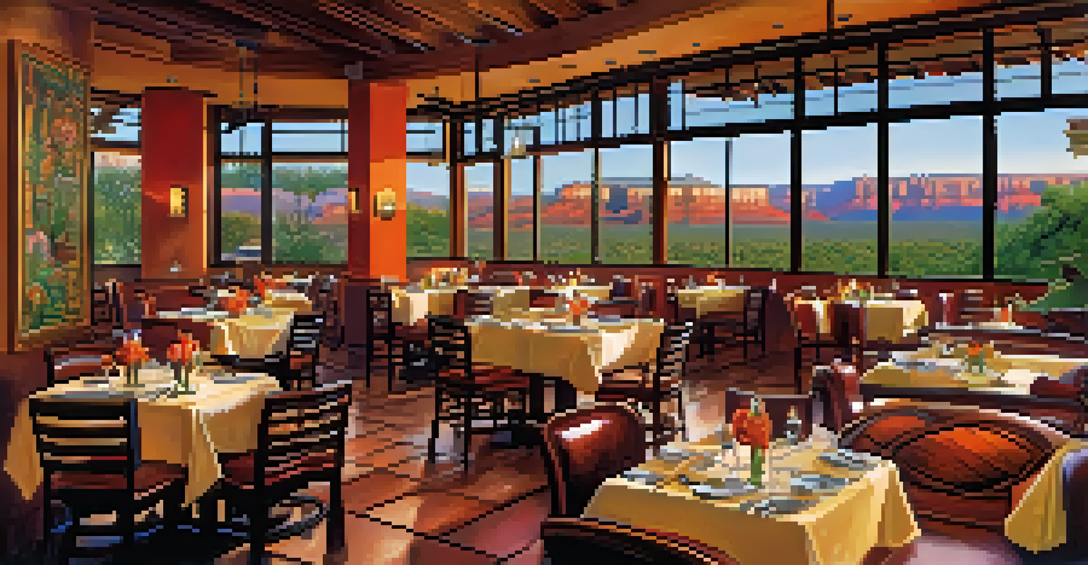 The elegant interior of Mariposa restaurant with vibrant decor and large windows overlooking the landscape, showcasing delicious Latin dishes.