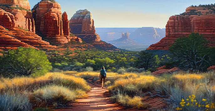 A peaceful landscape showing Sedona's red rock formations at sunrise, with a hiker on a designated trail surrounded by colorful wildflowers.