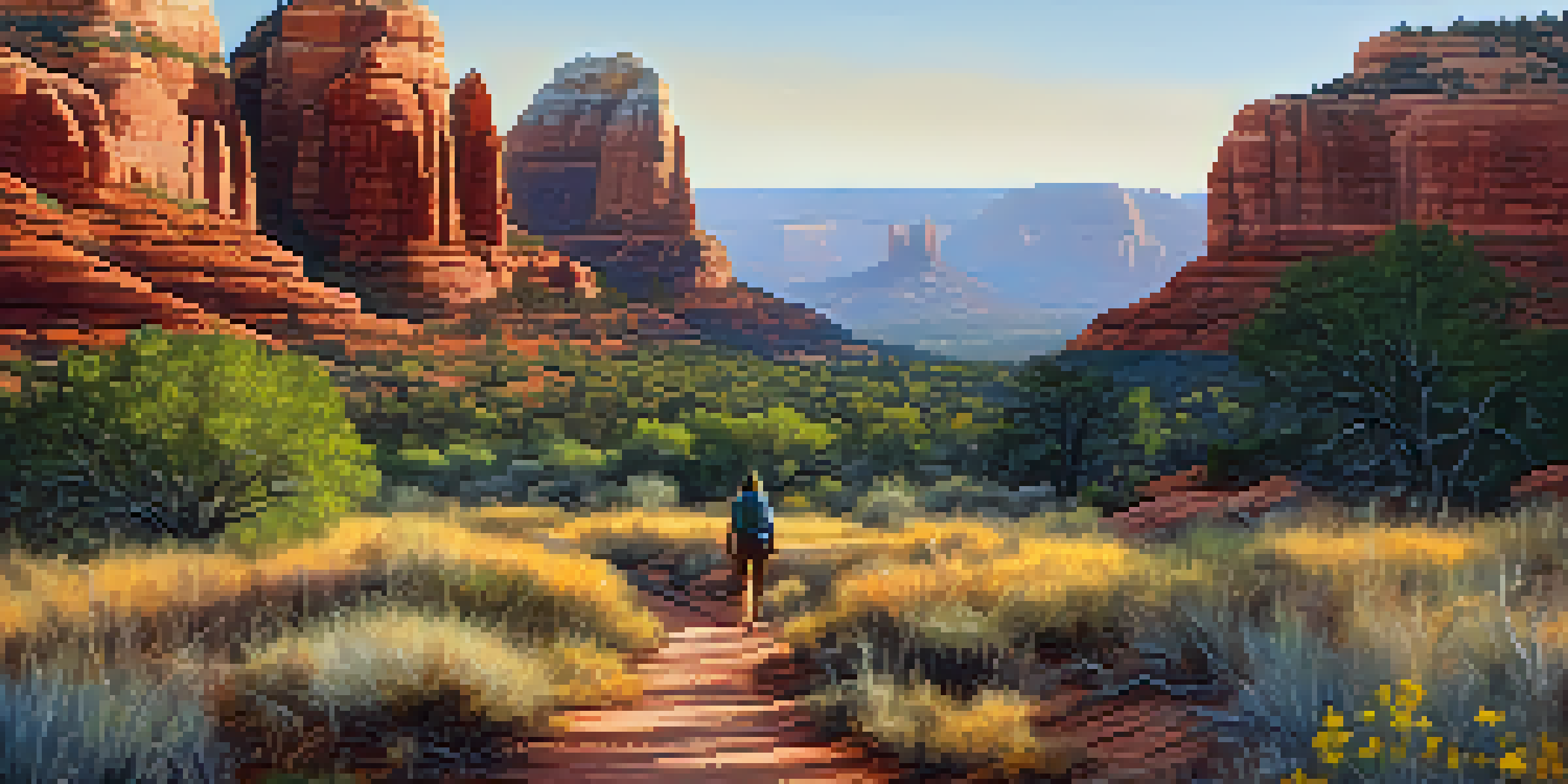A peaceful landscape showing Sedona's red rock formations at sunrise, with a hiker on a designated trail surrounded by colorful wildflowers.