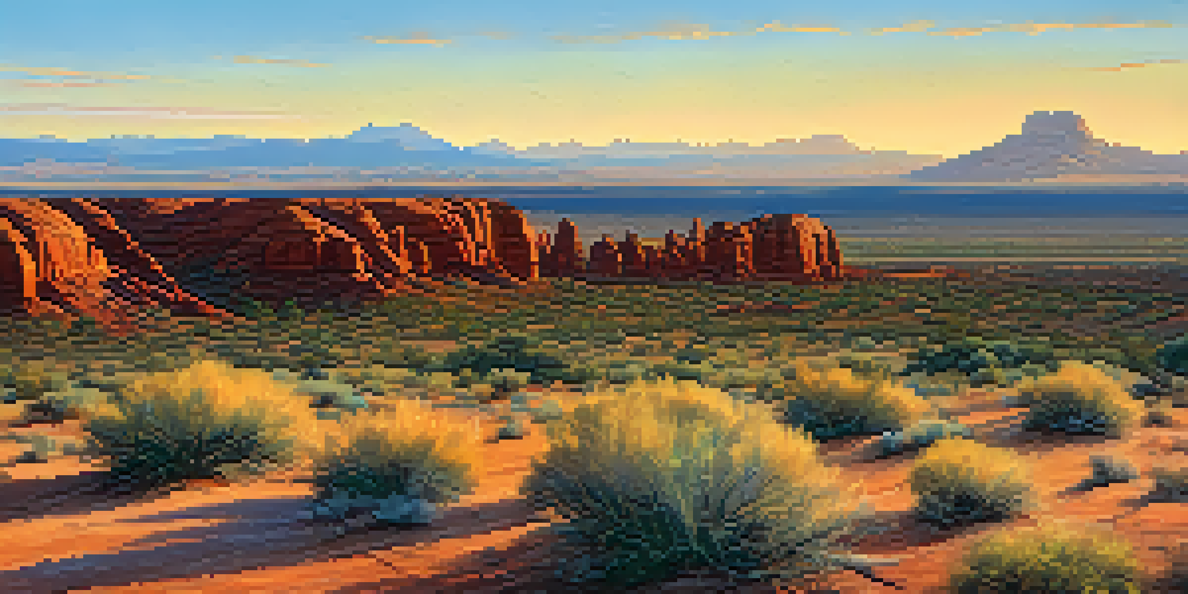 A panoramic view of red rock formations at sunrise with warm golden light and desert flora in the foreground.