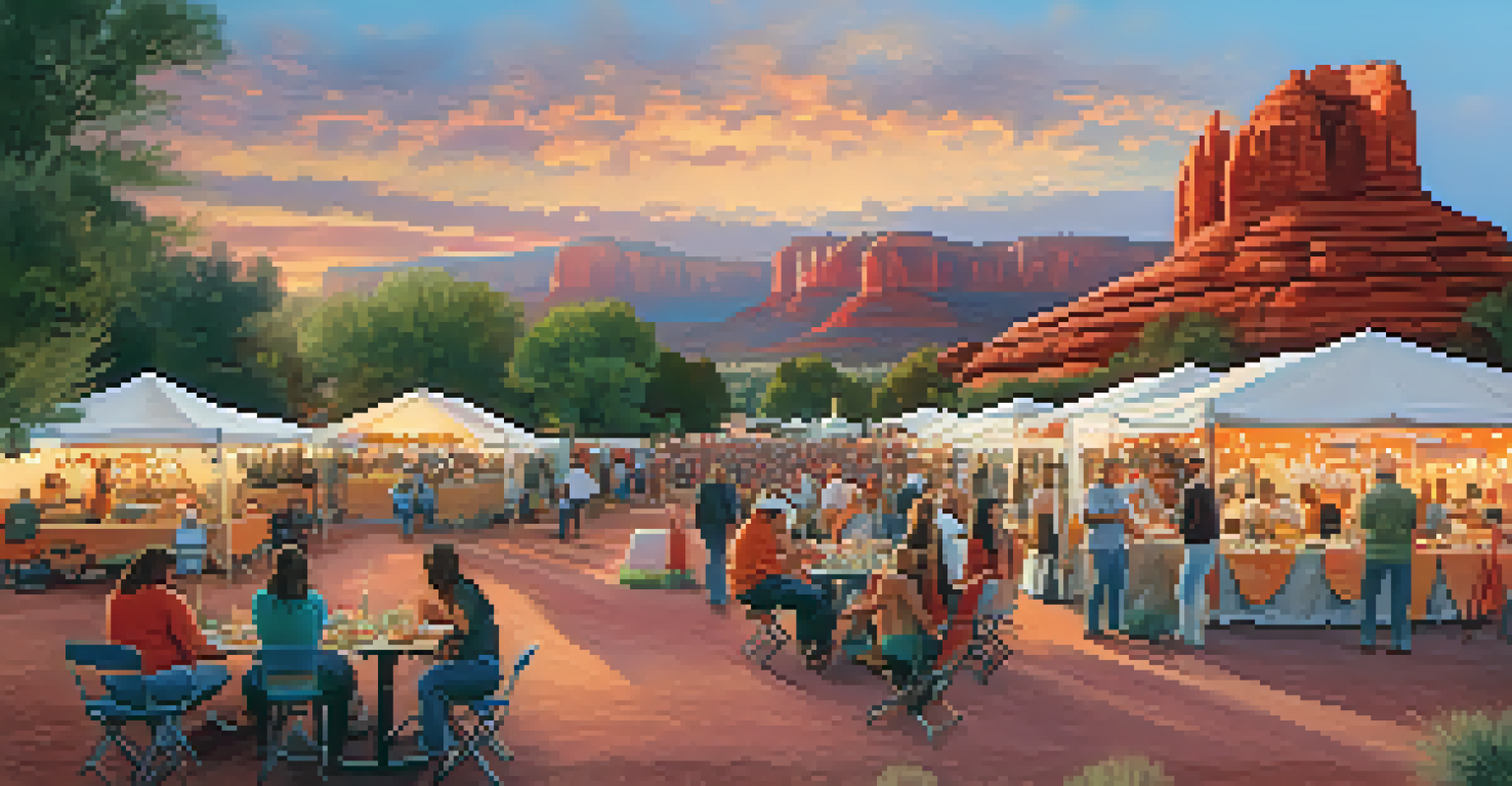 A scenic sunset view of a Sedona music festival with food vendors, artisans, and festival-goers enjoying the atmosphere.