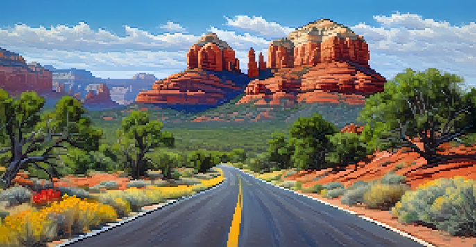 A picturesque landscape of the Red Rock Scenic Byway with red rock formations and blooming wildflowers.